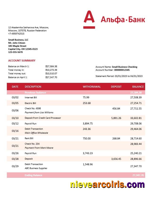 Alfa Bank organization checking account statement